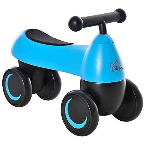 HOMCOM Correpasillos de Equilibrio para Niños Bicicleta sin Pedales Bebés de +18 Meses Altura Asiento de 26 cm con 4 Ruedas y Manillar Regalo de Cumpleaños 54x26x38 cm Azul