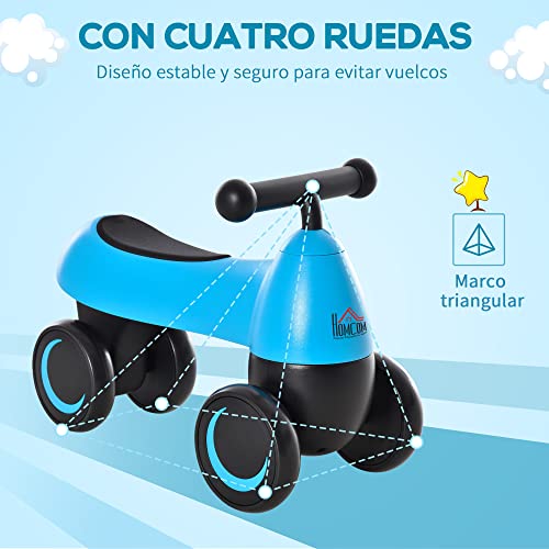 HOMCOM Correpasillos de Equilibrio para Niños Bicicleta sin Pedales Bebés de +18 Meses Altura Asiento de 26 cm con 4 Ruedas y Manillar Regalo de Cumpleaños 54x26x38 cm Azul