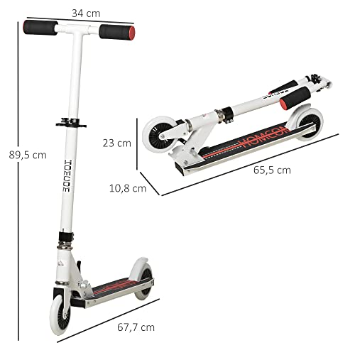 HOMCOM Patinete para Niños de +3 Años Plegable Scooter de 2 Ruedas con Manillar Altura Ajustable Freno Posterior y Pedal Antideslizante Carga 50 kg 67,7x34x79,5-89,5 cm Blanco