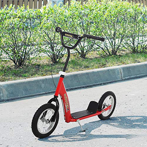 HOMCOM Patinete para Niños Mayores de 5 Años Scooter 2 Neumáticos Inflables de Caucho con Frenos Manillar Ajustable Plataforma Antideslizante 117x52x80-85 cm Rojo