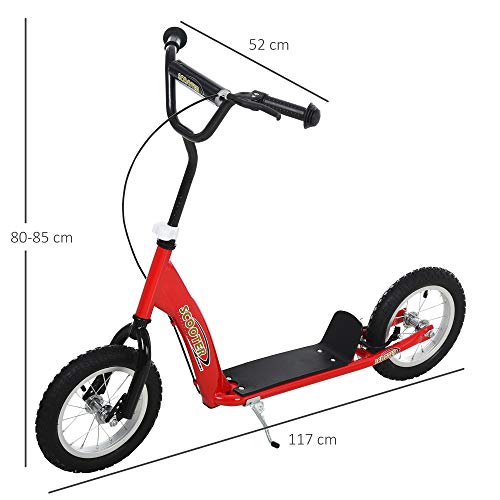 HOMCOM Patinete para Niños Mayores de 5 Años Scooter 2 Neumáticos Inflables de Caucho con Frenos Manillar Ajustable Plataforma Antideslizante 117x52x80-85 cm Rojo