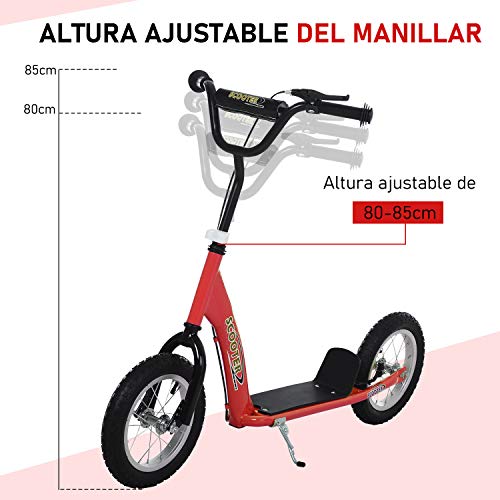 HOMCOM Patinete para Niños Mayores de 5 Años Scooter 2 Neumáticos Inflables de Caucho con Frenos Manillar Ajustable Plataforma Antideslizante 117x52x80-85 cm Rojo