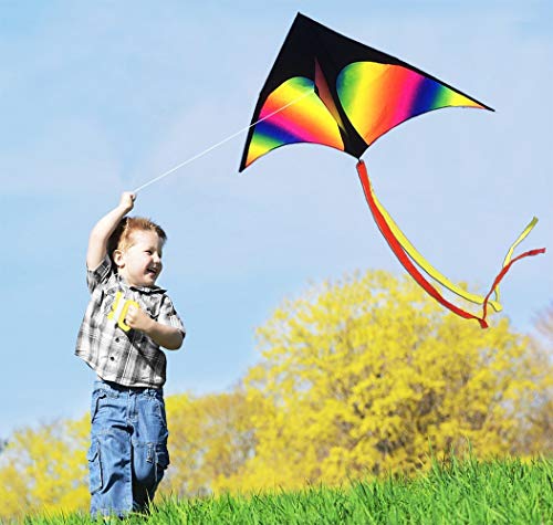 HONBO Rainbow Delta Kites - Cometa para adultos para principiantes para niños - Línea de kit y giratorio incluido- Bueno para juegos al aire libre y verano Los juguetes de playa para niños