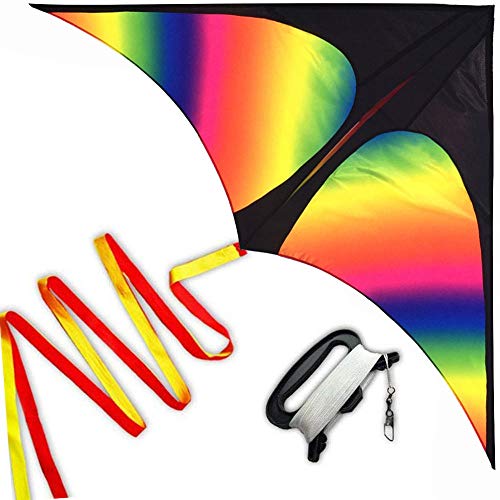 HONBO Rainbow Delta Kites - Cometa para adultos para principiantes para niños - Línea de kit y giratorio incluido- Bueno para juegos al aire libre y verano Los juguetes de playa para niños