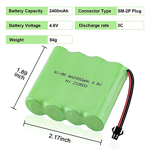 Hootracker 4.8V 2400mAh Ni-MH AA Rechargeable Battery Pack with SM-2P 2Pin Plug and USB Charger Cable for RC Truck Cars Vehicles