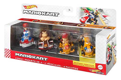 Hot Wheels Mario Kart Pack de 4 Coches - Incluye Personajes - 1 Modelo Exclusivo - Escala 1:64 - Regalo para Niños de 3+ Años y Coleccionistas