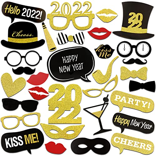 HOWAF Año 2022 DIY Photo Booth Props Fotos Accesorios Photocall Decoracion Incluyendo Bigotes Gafas Pelo Arcos Sombreros para Nochevieja 2022 decoración de Fiestas, 31Pcs