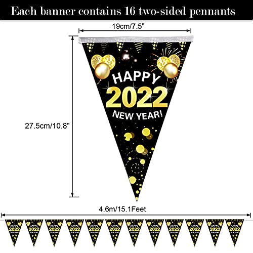 HOWAF Decoración de Fiesta de Nochevieja 2022 Oro Negro Bandera Feliz Año Nuevo Happy New Year 2022 Triángulo Guirnaldas Banderas para decoración de año Nuevo 2022 Fiesta Suministros