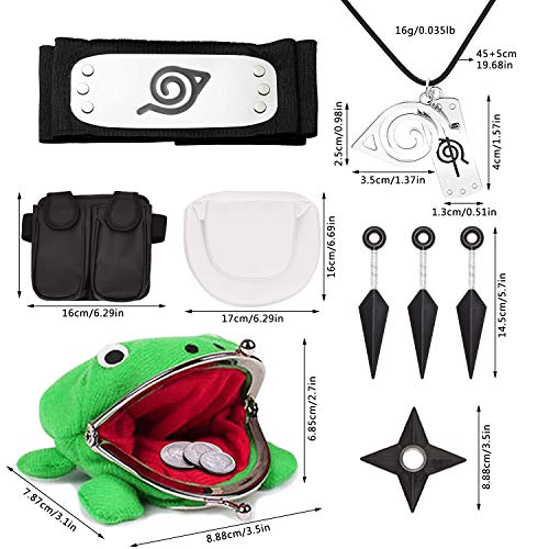 I3C Anime Cosplay Accesorios - Conjunto de Disfraces Ninja : Monedero Rana, Diadema Leaf Village, Collar con Colgante Konoha, Bolsa de Ninja(Blanco+Negro),Kunai, Shuriken