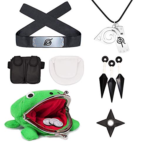 I3C Anime Cosplay Accesorios - Conjunto de Disfraces Ninja : Monedero Rana, Diadema Leaf Village, Collar con Colgante Konoha, Bolsa de Ninja(Blanco+Negro),Kunai, Shuriken