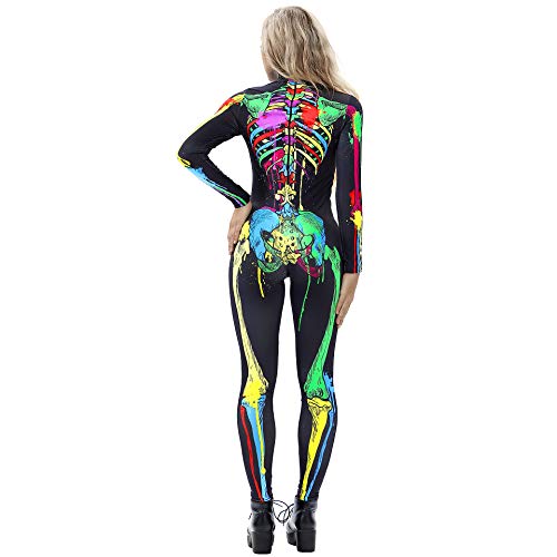 Idgreatim - Disfraz de Halloween para mujer, estampado en 3D, manga larga, ajustado, con diseño de esqueleto, traje de cosplay