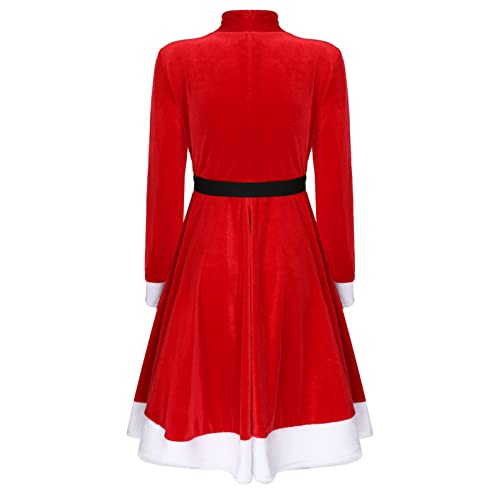 iiniim Disfraz de Navidad Mujer Vestido de Fiesta con Capucha Cosplay Falda Plisada Manga Media de Terciopelo Mamá Noel con Cinturón Rojo G S