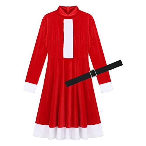 iiniim Disfraz de Navidad Mujer Vestido de Fiesta con Capucha Cosplay Falda Plisada Manga Media de Terciopelo Mamá Noel con Cinturón Rojo G S