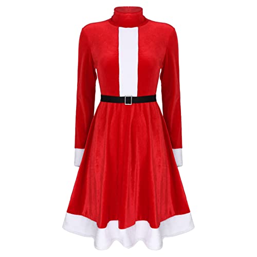 iiniim Disfraz de Navidad Mujer Vestido de Fiesta con Capucha Cosplay Falda Plisada Manga Media de Terciopelo Mamá Noel con Cinturón Rojo G S