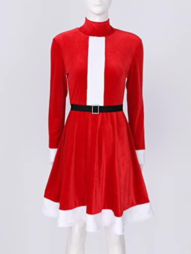 iiniim Disfraz de Navidad Mujer Vestido de Fiesta con Capucha Cosplay Falda Plisada Manga Media de Terciopelo Mamá Noel con Cinturón Rojo G S