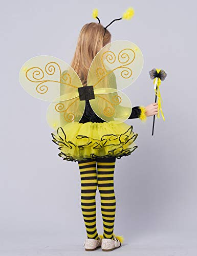 IKALI Disfraz De Abeja De Niñas,Vestido de lujo，Traje de animal con alas(Set de 10 piezas) 3-4años