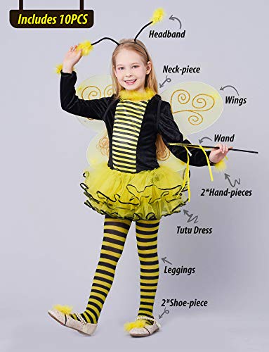 IKALI Disfraz De Abeja De Niñas,Vestido de lujo，Traje de animal con alas(Set de 10 piezas) 3-4años