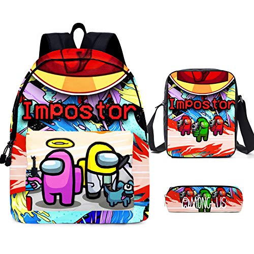 Impresión de Juego Among Us Mochila con Bolsa de Almuerzo Estuche para Lápices Mochilas Escolares para Niños Estudiantes para Niñas Adolescentes Fans de Juegos Regalos (A)