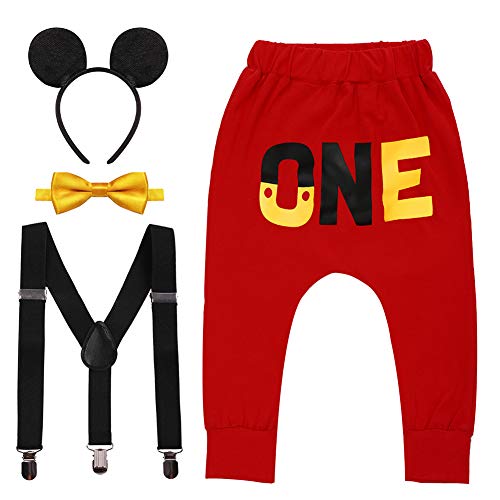 Iwemek - Conjunto de disfraz para bebé (primer y segundo, diseño de Mickey Mouse con texto en inglés "El ratón", 01 amarillo nudo mariposa ( One ), 12-18 Meses