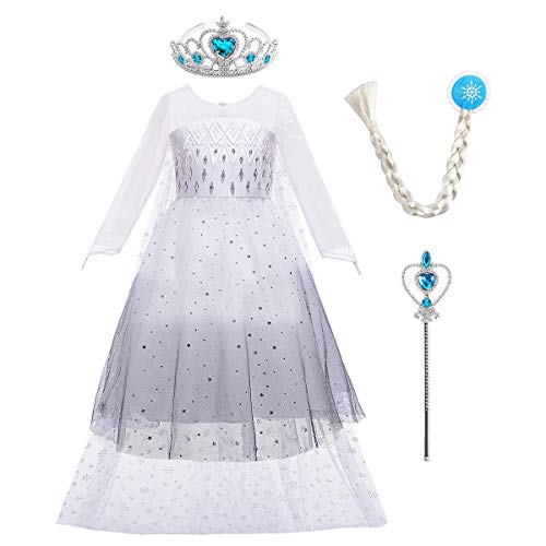 IWEMEK Niñas Disfraz de Princesa Elsa Vestido con Accesorios Snow Ice Queen Reino de Hielo Disfraces de Carnaval Fiesta Halloween Costume Navidad Cumpleaños Traje Ropa G - Azul Marino Set 6-7 Años