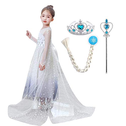 IWEMEK Niñas Disfraz de Princesa Elsa Vestido con Accesorios Snow Ice Queen Reino de Hielo Disfraces de Carnaval Fiesta Halloween Costume Navidad Cumpleaños Traje Ropa G - Azul Marino Set 6-7 Años