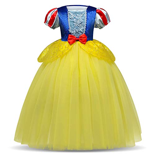 IWEMEK Traje de Princesa Blancanieves Disfraz de Carnaval con Cabo Vestido de Cosplay para Niñas Disfraces de Halloween Navidad Cumpleaños Pageant Comunión Fiesta Amarillo 3-4 años