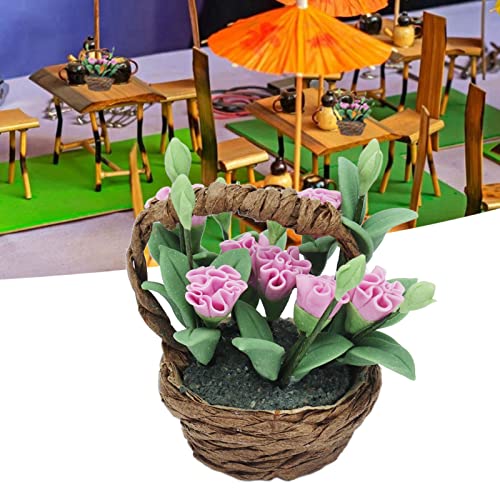 jadenzhou Modelo de Cesta de Flores de Casa de Muñecas, Exquisita Mano de Obra, Decoración de Cesta de Flores en Miniatura, Claveles a Escala 1:12 para Pasillos de Mini Jardines