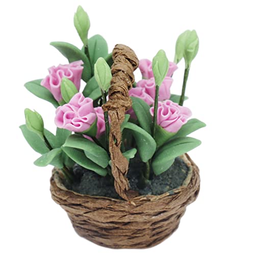 jadenzhou Modelo de Cesta de Flores de Casa de Muñecas, Exquisita Mano de Obra, Decoración de Cesta de Flores en Miniatura, Claveles a Escala 1:12 para Pasillos de Mini Jardines