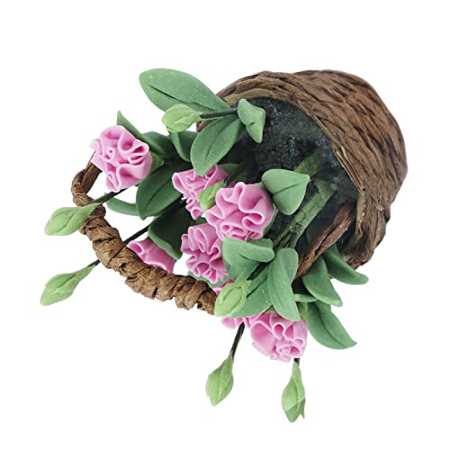 jadenzhou Modelo de Cesta de Flores de Casa de Muñecas, Exquisita Mano de Obra, Decoración de Cesta de Flores en Miniatura, Claveles a Escala 1:12 para Pasillos de Mini Jardines