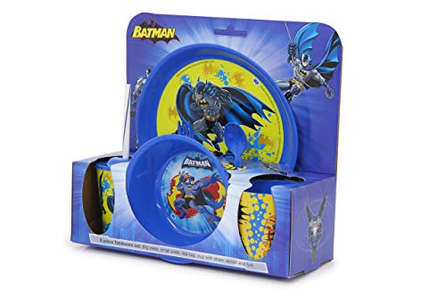 JAMARA- Batman - Vajilla Infantil (8 Piezas, con Licencia Oficial, Apto para lavavajillas, Plato, Taza, Cuenco para Cereales, Tenedor, Cuchara, Vaso con Tapa y Pajita), Color Azul (410135)