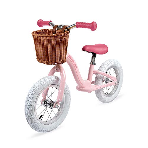 Janod - J03295 - Bicicleta de equilibrio metálica y estilo retro con sillín ajustable y neumáticos inflables, color rosa, bicicleta para aprendizaje de equilibrio, para niños a partir de 3 años