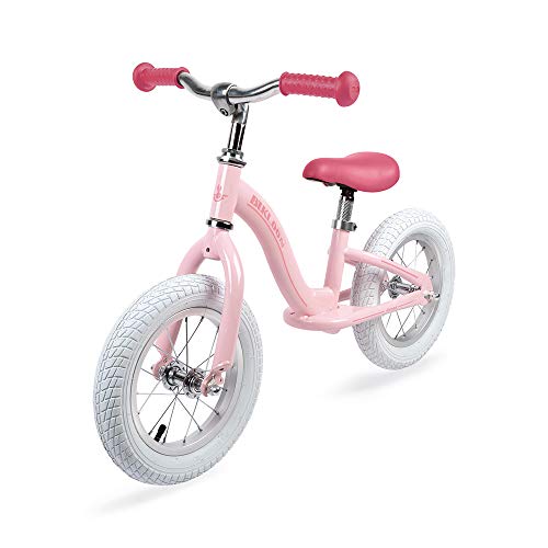 Janod - J03295 - Bicicleta de equilibrio metálica y estilo retro con sillín ajustable y neumáticos inflables, color rosa, bicicleta para aprendizaje de equilibrio, para niños a partir de 3 años