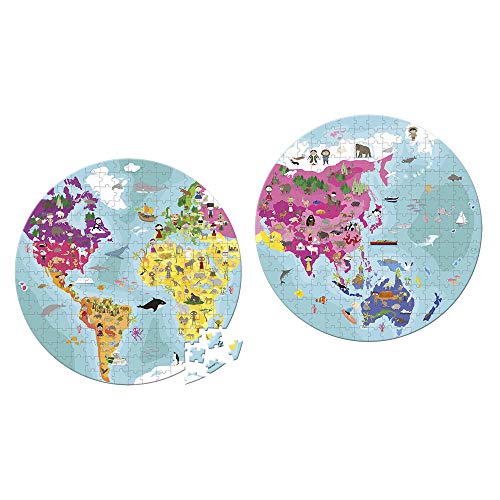 Janod - Puzle Infantil Mundo de 208 Piezas - Doble Cara - Juego Educativo de Geografía - Desarrolla la Motricidad Fina y la Concentración - A partir de 7 Años, J02655