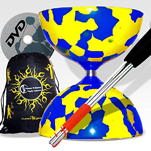 JESTER Pro Diabolo Set (8 colores) Diablo - Varillas de aluminio y cordel + diábolo consejos de DVD (en francés) y Flames N Games bolsa de transporte (amarillo/azul)