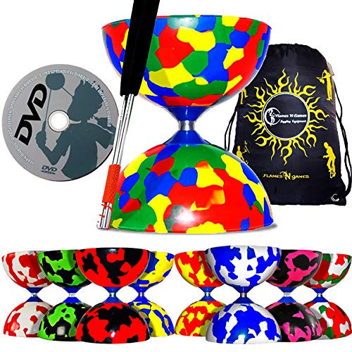 JESTER Pro Diabolo Set (8 colores) Diablo - Varillas de aluminio y cordel + diábolo consejos de DVD (en francés) y Flames N Games bolsa de transporte (amarillo/azul)