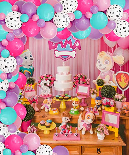 JOYMEMO Paw Patrol Balloon Garland para niñas, Estampado de Pata de Perro, Globos de Color Rosa púrpura Blanco para cumpleaños, Suministros para Fiestas de Baby Shower