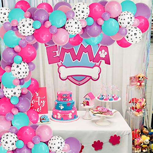 JOYMEMO Paw Patrol Balloon Garland para niñas, Estampado de Pata de Perro, Globos de Color Rosa púrpura Blanco para cumpleaños, Suministros para Fiestas de Baby Shower