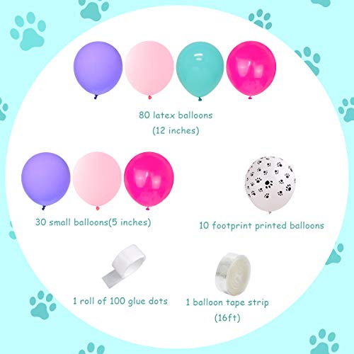 JOYMEMO Paw Patrol Balloon Garland para niñas, Estampado de Pata de Perro, Globos de Color Rosa púrpura Blanco para cumpleaños, Suministros para Fiestas de Baby Shower