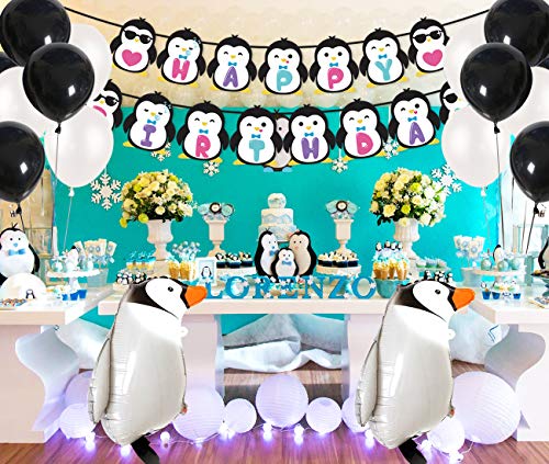 JOYMEMO Suministros para Fiestas de pingüinos Banner de Feliz cumpleaños Globos de pingüinos Caminando Toppers de Pastel para Fiestas de cumpleaños, Decoraciones de Baby Shower