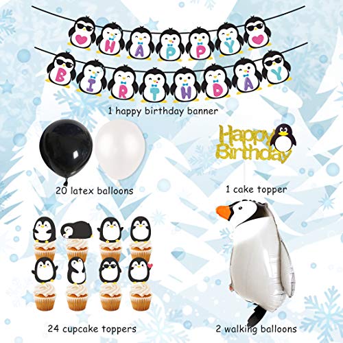 JOYMEMO Suministros para Fiestas de pingüinos Banner de Feliz cumpleaños Globos de pingüinos Caminando Toppers de Pastel para Fiestas de cumpleaños, Decoraciones de Baby Shower