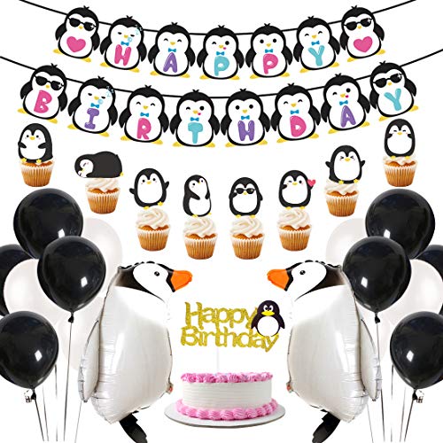 JOYMEMO Suministros para Fiestas de pingüinos Banner de Feliz cumpleaños Globos de pingüinos Caminando Toppers de Pastel para Fiestas de cumpleaños, Decoraciones de Baby Shower