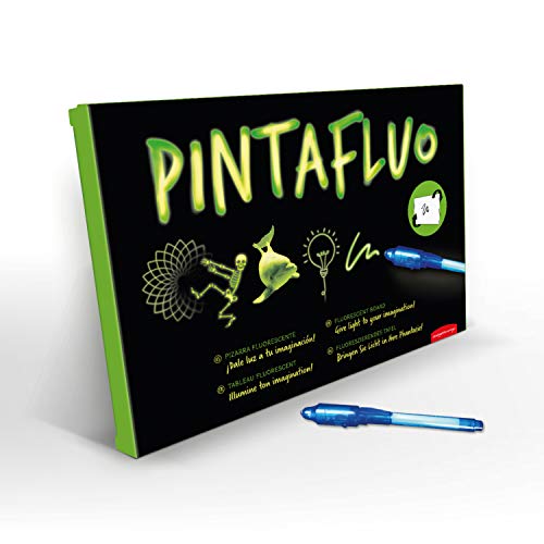 Juegaconmigo PINTAFLUO Pizarra Mágica Infantil. Dibuja con luz a Doble Cara y Doble Grosor. Incluye 2 bolígrafos, 10 Plantillas y Tinta Invisible. Tamaño A4.