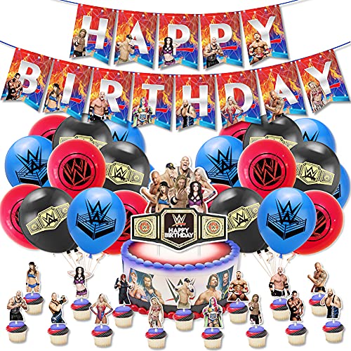 Juego de Decoración de Fiesta de La WWE,Entretenimiento de Lucha Libre,Juego de Cumpleaños Para Niños, Pancarta de Feliz Cumpleaños, Globo de Látex, Adorno Para Tarta