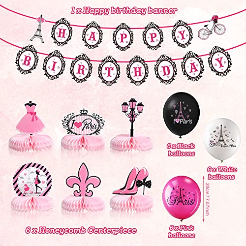 Juego de Decoraciones de Fiesta de París, Banner Rosa Happy Birthday de París Centros de Mesa de Panales de I Love Paris Globos de la Torre Eiffel para Fiesta de Niña Glamorosa Baby Shower