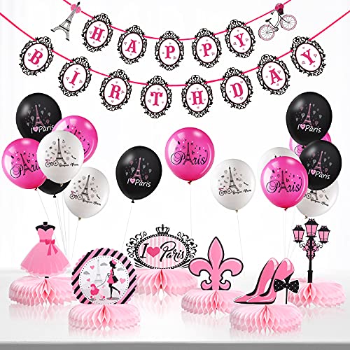 Juego de Decoraciones de Fiesta de París, Banner Rosa Happy Birthday de París Centros de Mesa de Panales de I Love Paris Globos de la Torre Eiffel para Fiesta de Niña Glamorosa Baby Shower