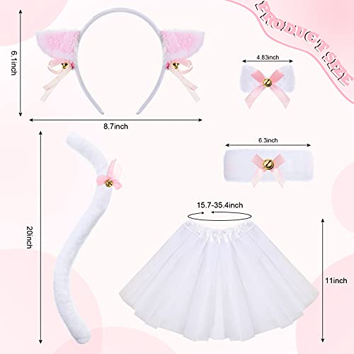 Juego de disfraz de gato blanco para niños, incluye diadema con orejas de gato, collar de pajarita, cola blanca, pulsera, falda de tutú blanco para niños, fiesta de Halloween, suministros de disfraz