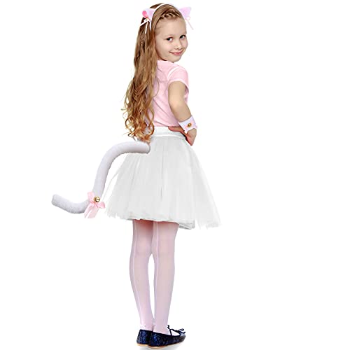 Juego de disfraz de gato blanco para niños, incluye diadema con orejas de gato, collar de pajarita, cola blanca, pulsera, falda de tutú blanco para niños, fiesta de Halloween, suministros de disfraz