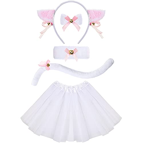 Juego de disfraz de gato blanco para niños, incluye diadema con orejas de gato, collar de pajarita, cola blanca, pulsera, falda de tutú blanco para niños, fiesta de Halloween, suministros de disfraz