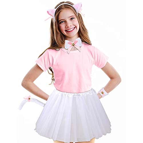 Juego de disfraz de gato blanco para niños, incluye diadema con orejas de gato, collar de pajarita, cola blanca, pulsera, falda de tutú blanco para niños, fiesta de Halloween, suministros de disfraz