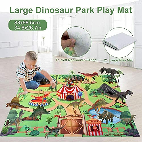 Juego de juguetes de dinosaurios, 24 piezas, figuras de animales Jurásico Dino World con actividad alfombra de juego y árboles, juego de dinosaurio realista para niños y niñas a partir de 2 – 6 años